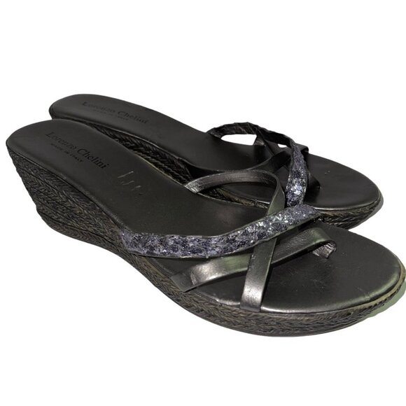 Lorenzo Chelini Wedge Glitter Sandal Thong Grey Women's Size 9 - Picture 1 of 6
